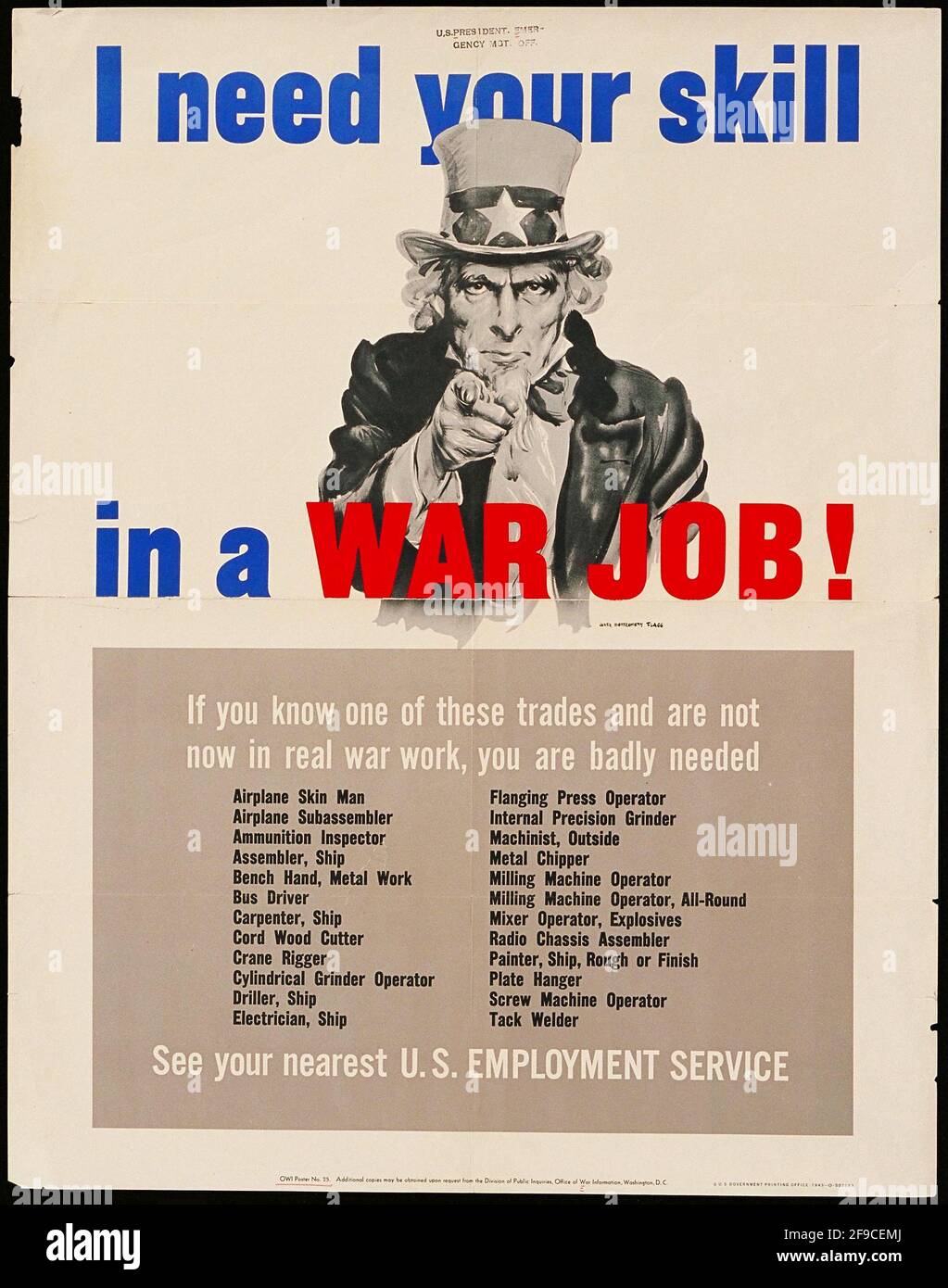 An American WW2 recruitment poster for the American jobs in the war industry at home Stock Photo