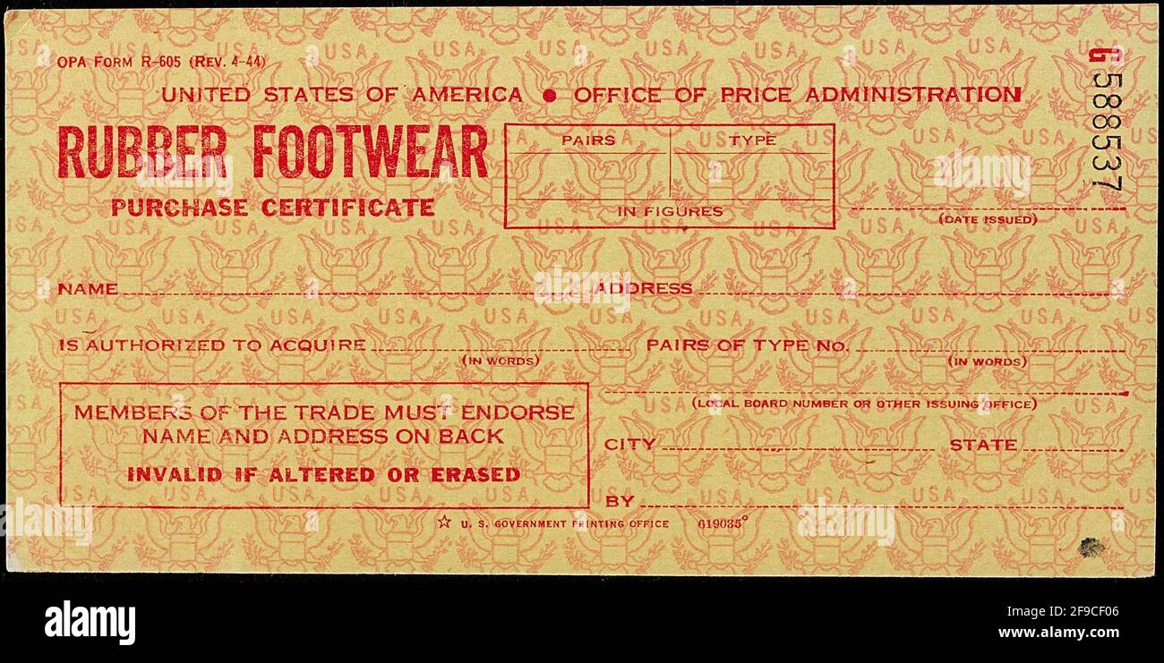 An American WW2rubber footwear ration coupon page Stock Photo