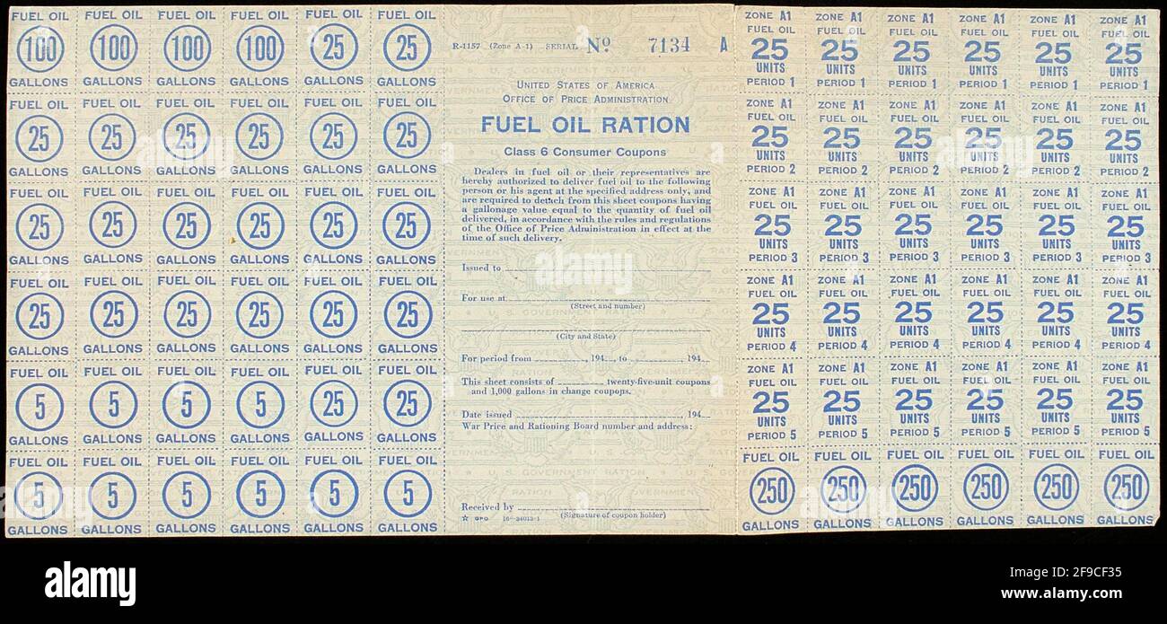 An American WW2 fuel oil ration coupon page Stock Photo