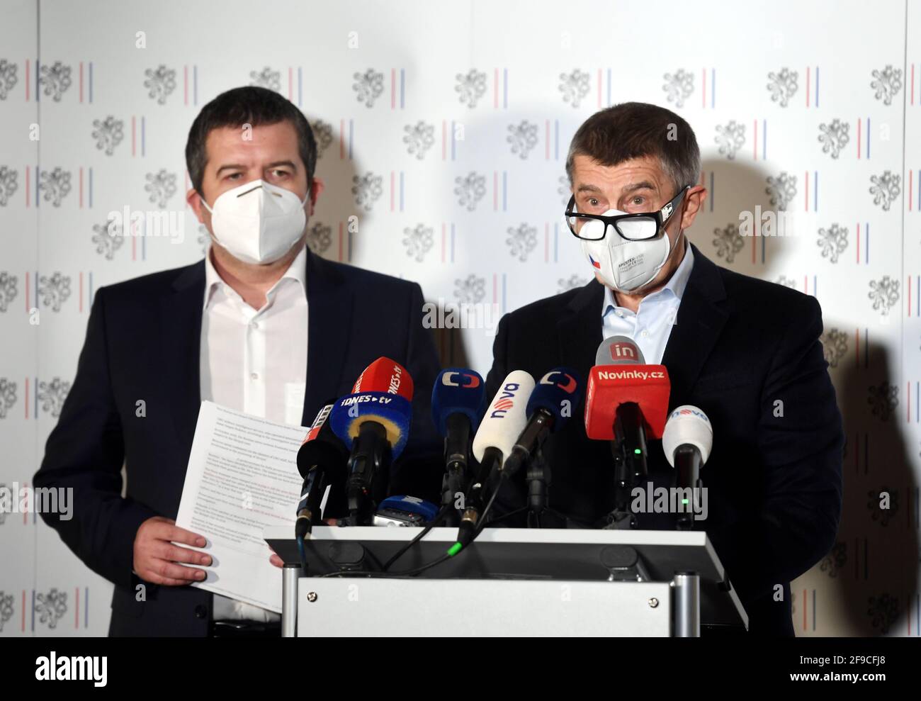 Prague, Czech Republic. 17th Apr, 2021. Czech Interior Minister Jan Hamacek, left, and Prime Minister Andrej Babis, right, attend an extraordinary press conference at Czech Ministry of Foreign Affairs in Prague, Czech Republic, on April 17, 2021. Prague is expelling 18 Russian embassy staffers identified as members of Russian secret services, have to leave Czechia in 48 hours. Russian secret service members were involved in the explosion of Czech Vrbetice ammunition store, Czech security forces have found out, PM Babis said. Credit: Michaela Rihova/CTK Photo/Alamy Live News Stock Photo