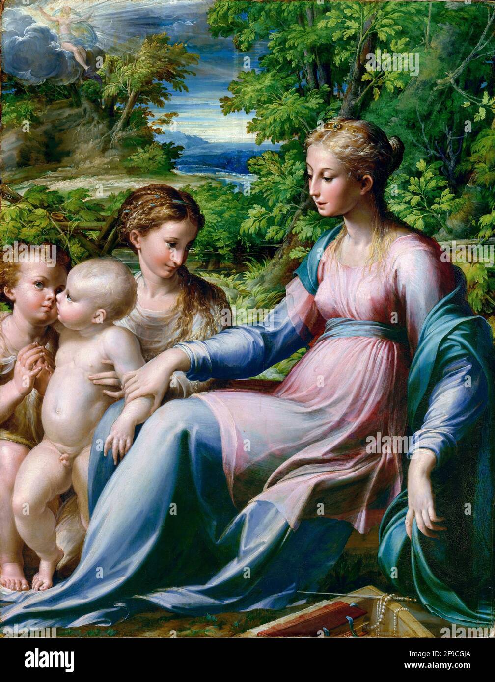 Parmigianino. Painting entitled 'Virgin and Child with Saint John the Baptist and Mary Magdalene' by the Italian Mannerist painter,  Girolamo Francesco Maria Mazzola (1503-1540), oil on paper, laid down on panel, c. 1535-40. Stock Photo