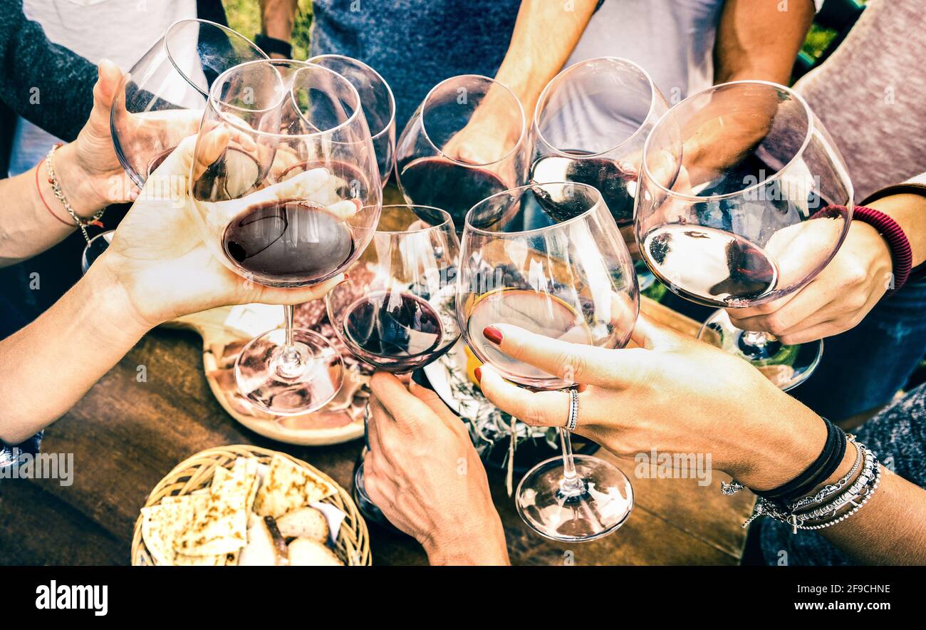 Friend hands toasting red wine while having fun outside cheering with winetasting - Young people enjoying  drinks on harvest time together Stock Photo