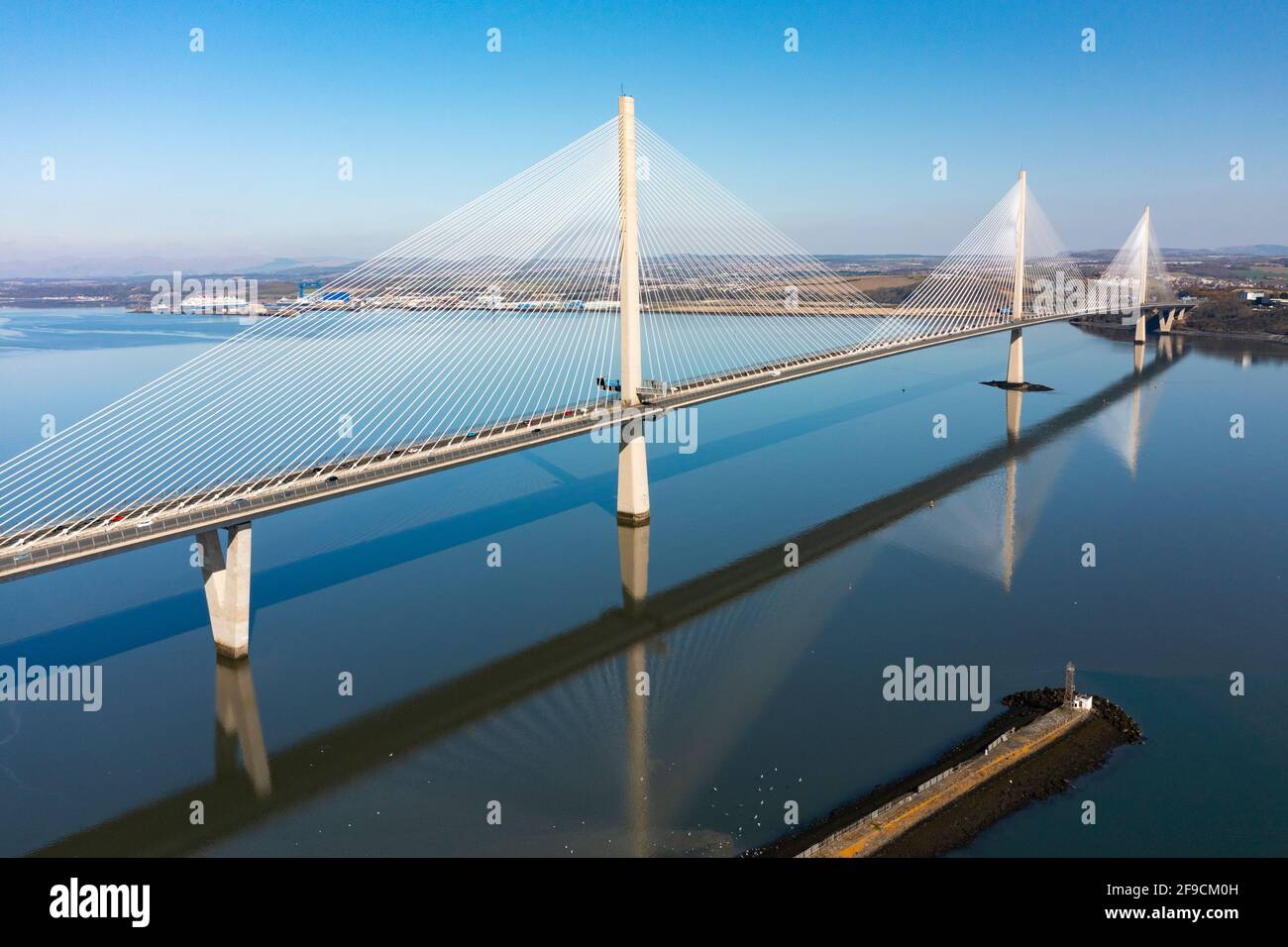 Aerial view from drone of Queensferry Crossing Bridge spanning Firth of Forth at South Queensferry, Scotland, UK Stock Photo