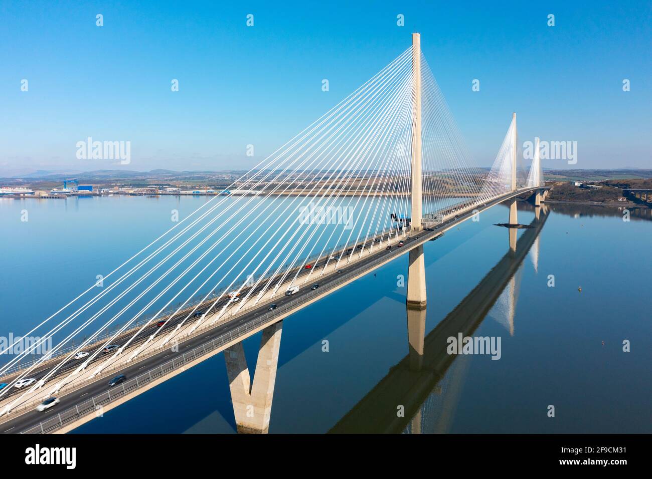 Aerial view from drone of Queensferry Crossing Bridge spanning Firth of Forth at South Queensferry, Scotland, UK Stock Photo