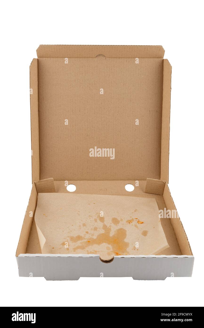 empty eaten pizza box isolated on white background Stock Photo Alamy