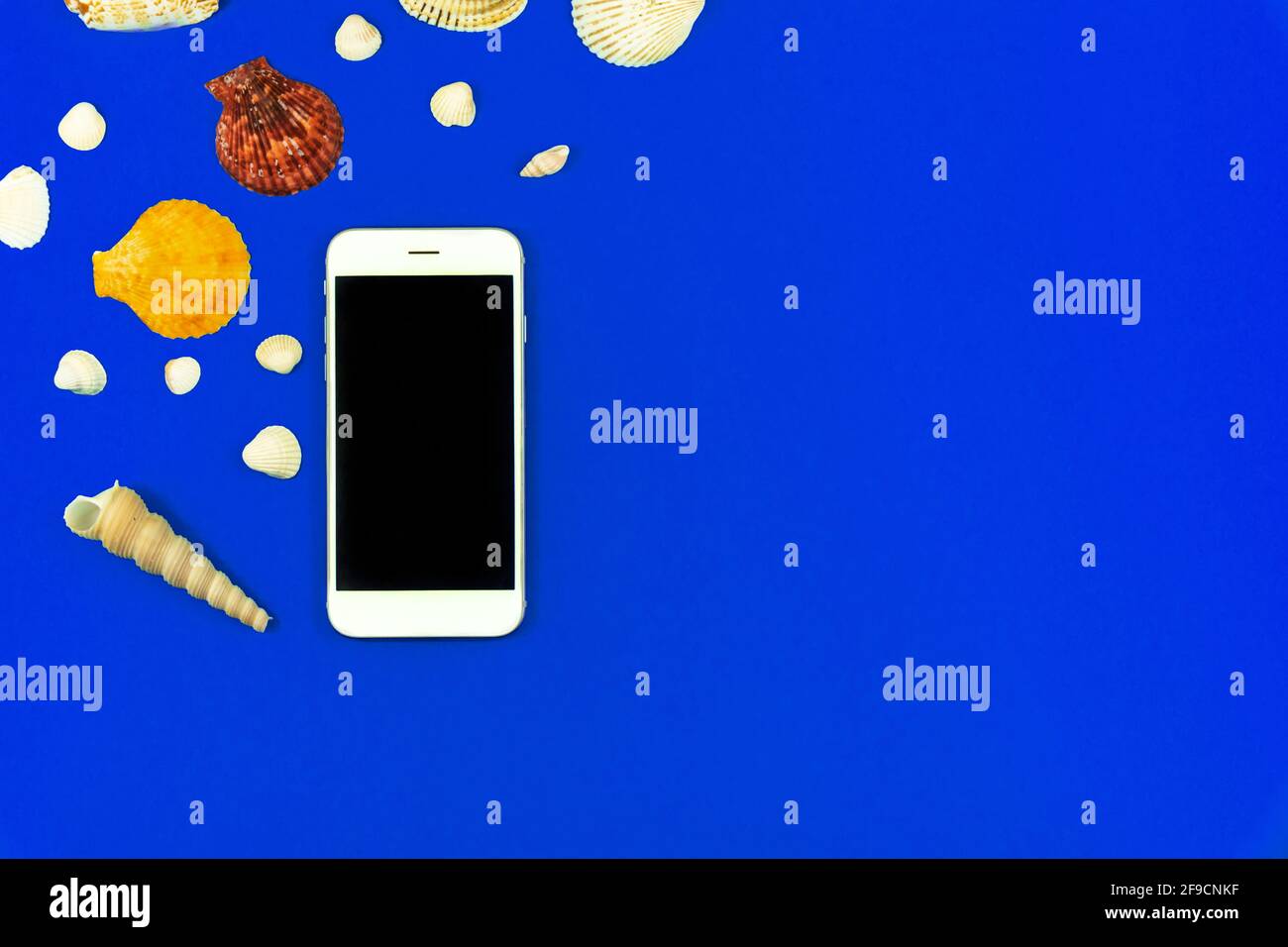 Summer and vacation background with seashell and smartphone blank screen mockup, copy space photo Stock Photo