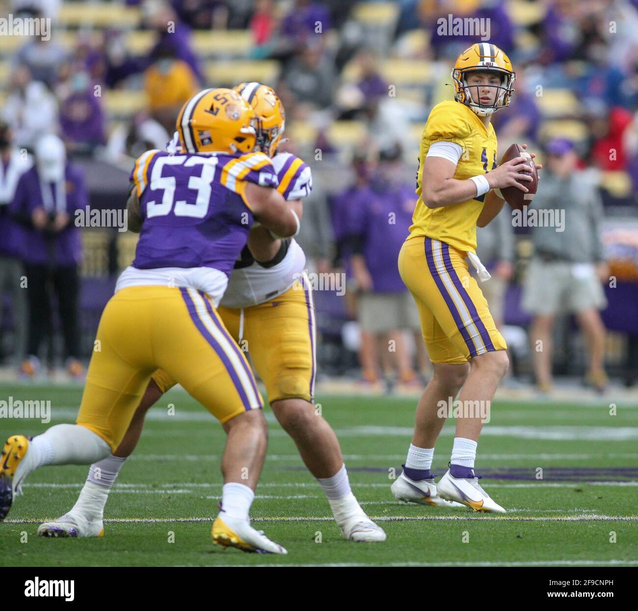 April 17, 2021 LSU quarterback Max Johnson (14) looks down field to