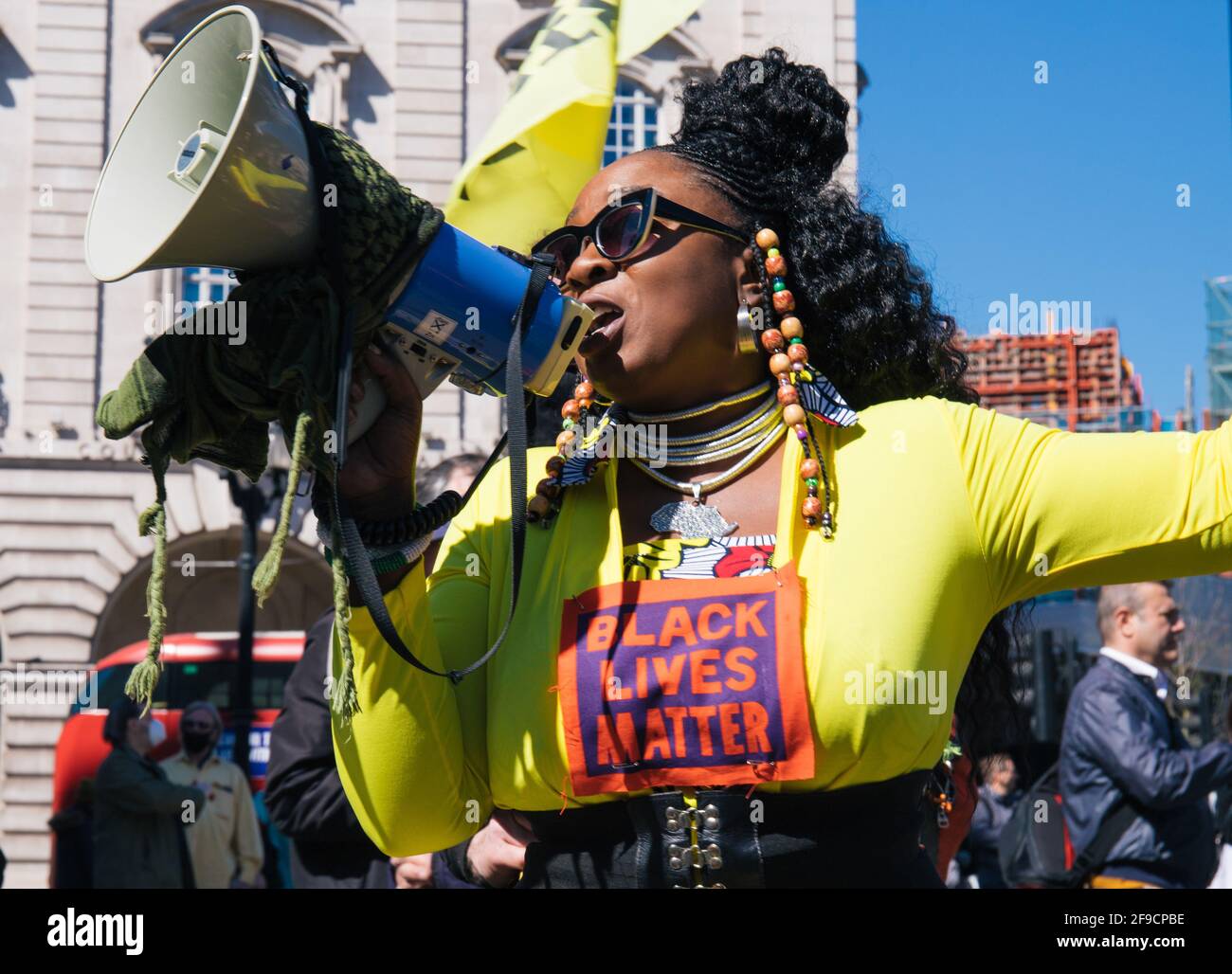 London, UK 17th April 2021. A second weekend of Kill the Bill protests takes place, marching from Wellington Arch to Parliament Square, via Downing Street for a sit down protest and eight minutes silence Credit: Denise Laura Baker/Alamy Live News Stock Photo