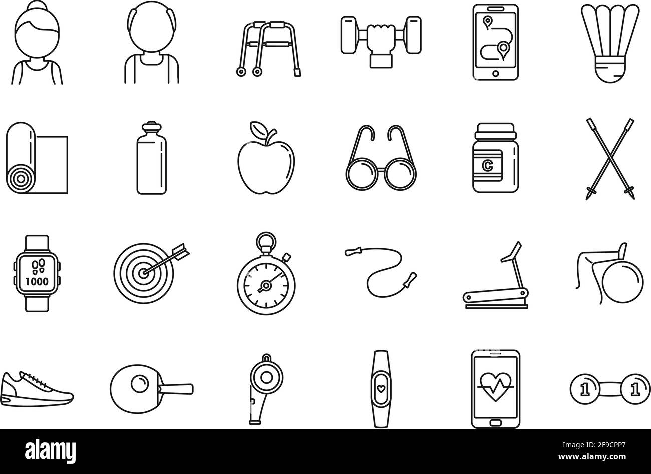 Workout seniors activity icons set, outline style Stock Vector