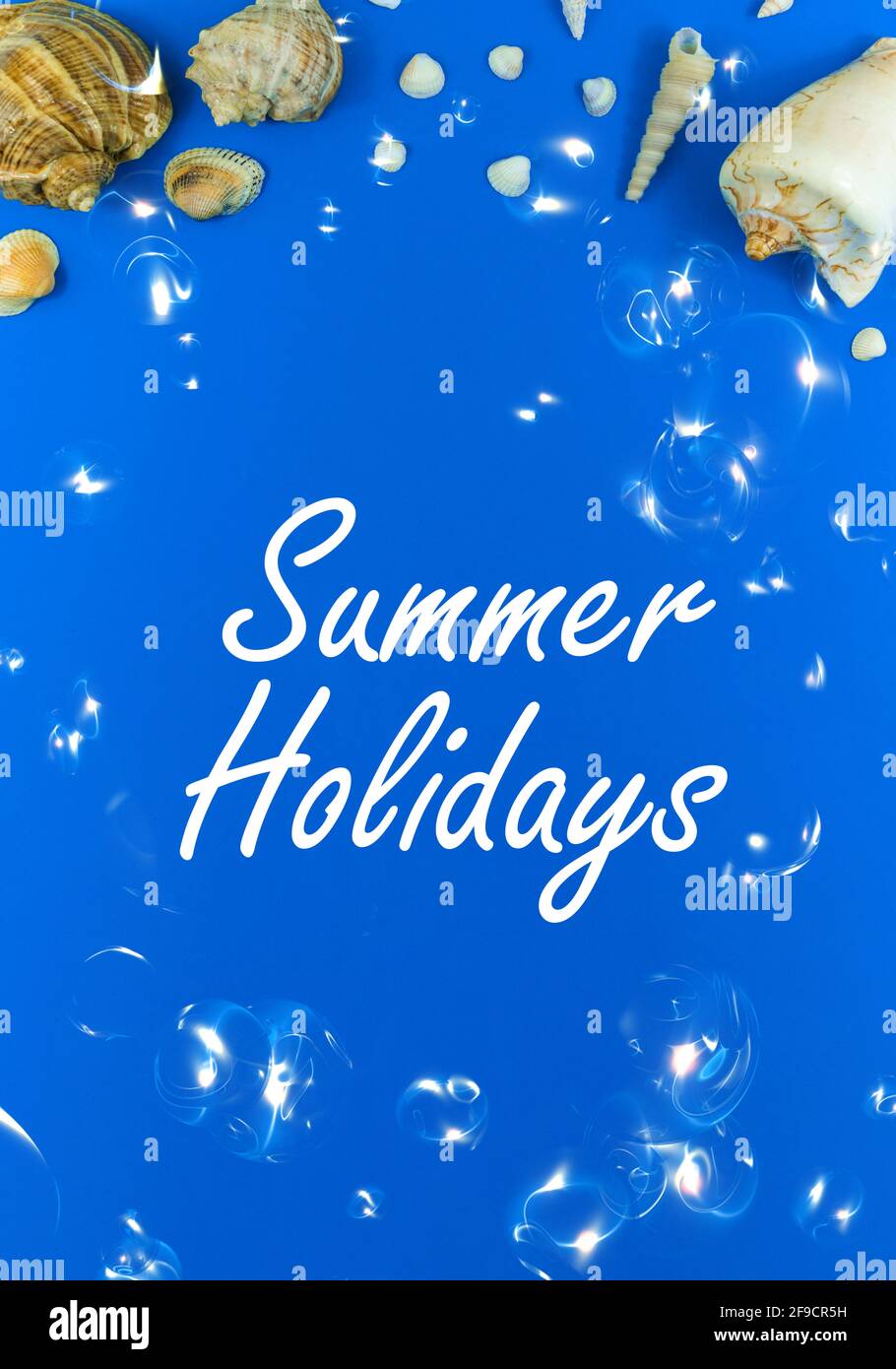 Summer holidays and vacation concept greeting card or postcard concept,  blue background with seashells, top view photo Stock Photo - Alamy