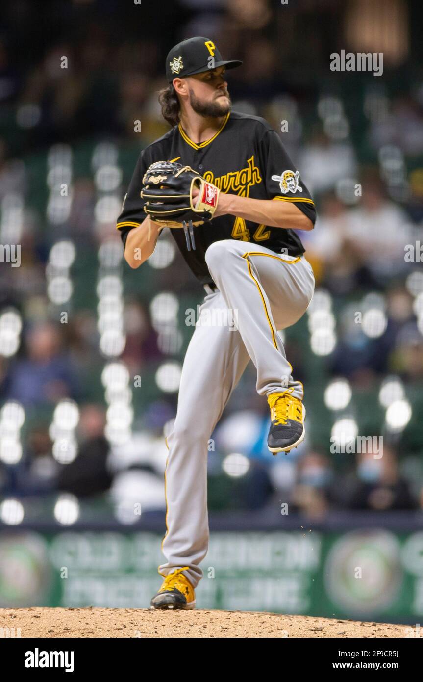 Milwaukee, WI, USA. 16th Apr, 2021. Pittsburgh Pirates starting pitcher JT  Brubaker #42 delivers a pitch during the Major League Baseball game between  the Milwaukee Brewers and the Pittsburgh Pirates at American