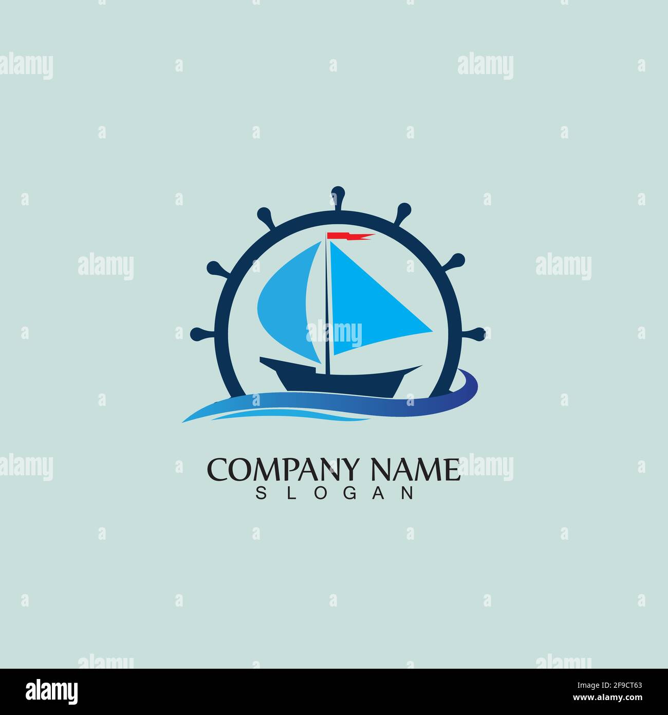 Ship and Boat Helm Steering Wheel on The Wave Water Ocean Logo Symbol Stock Vector