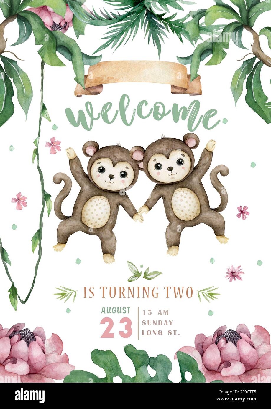 Baby Shower template with cute baby monkey. Safari animal cartoon  illustration for birthday card Hight quality Stock Photo - Alamy, image size:919x1390
