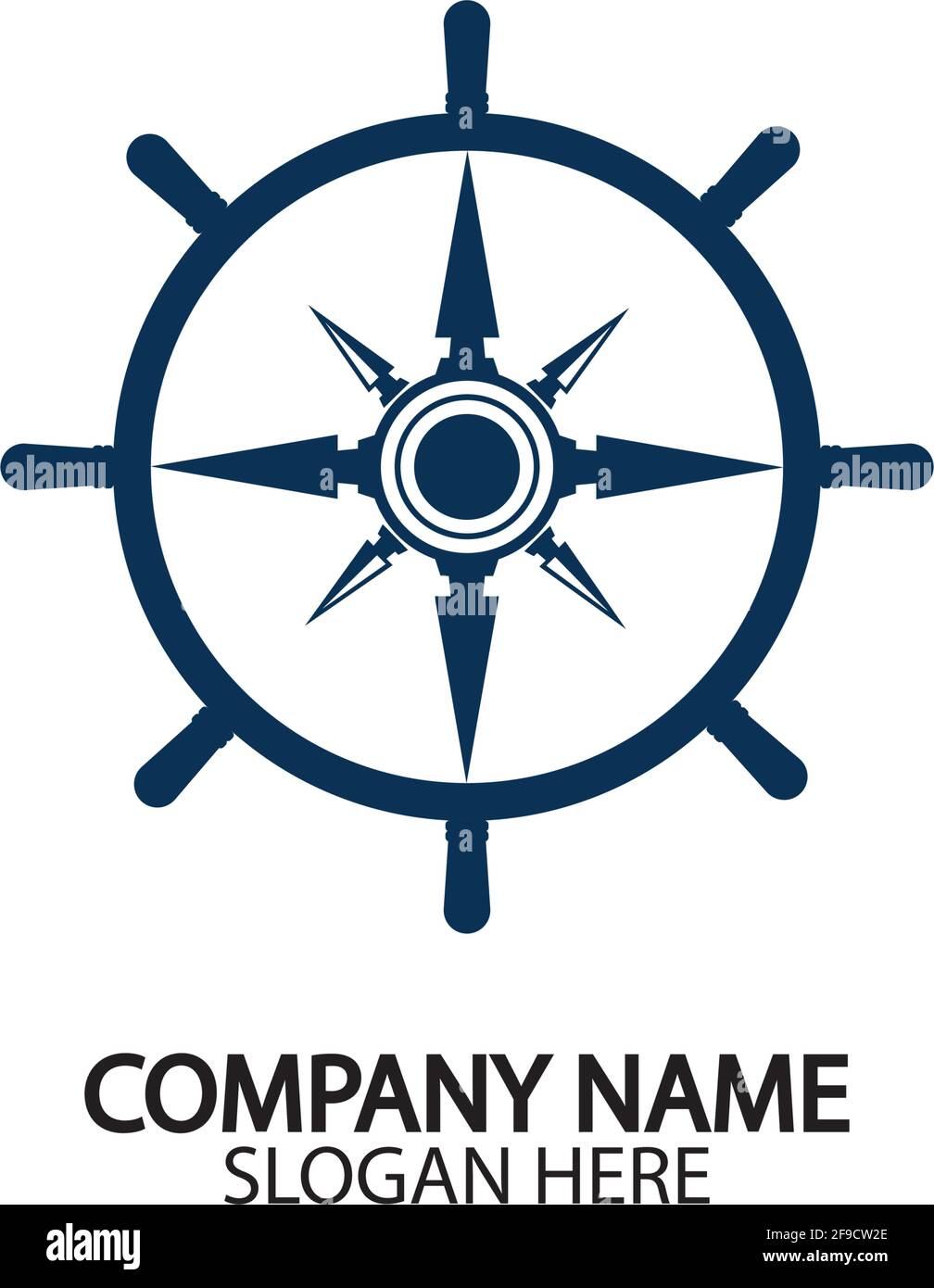 Ship steering wheel and conpass rose navigation symbol or logo isolated on white background