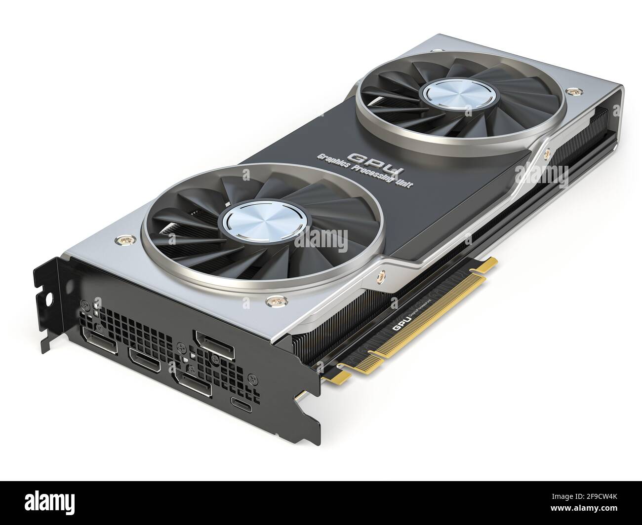 Graphics card. Modern gaming  GPU graphics processing unit isolated on white.  3d illustration Stock Photo