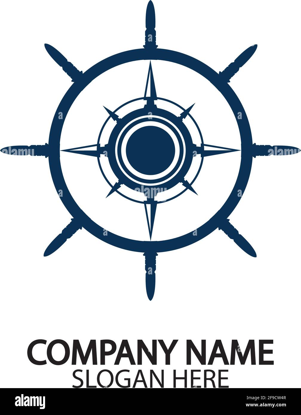 Ship steering wheel and conpass rose navigation symbol or logo isolated