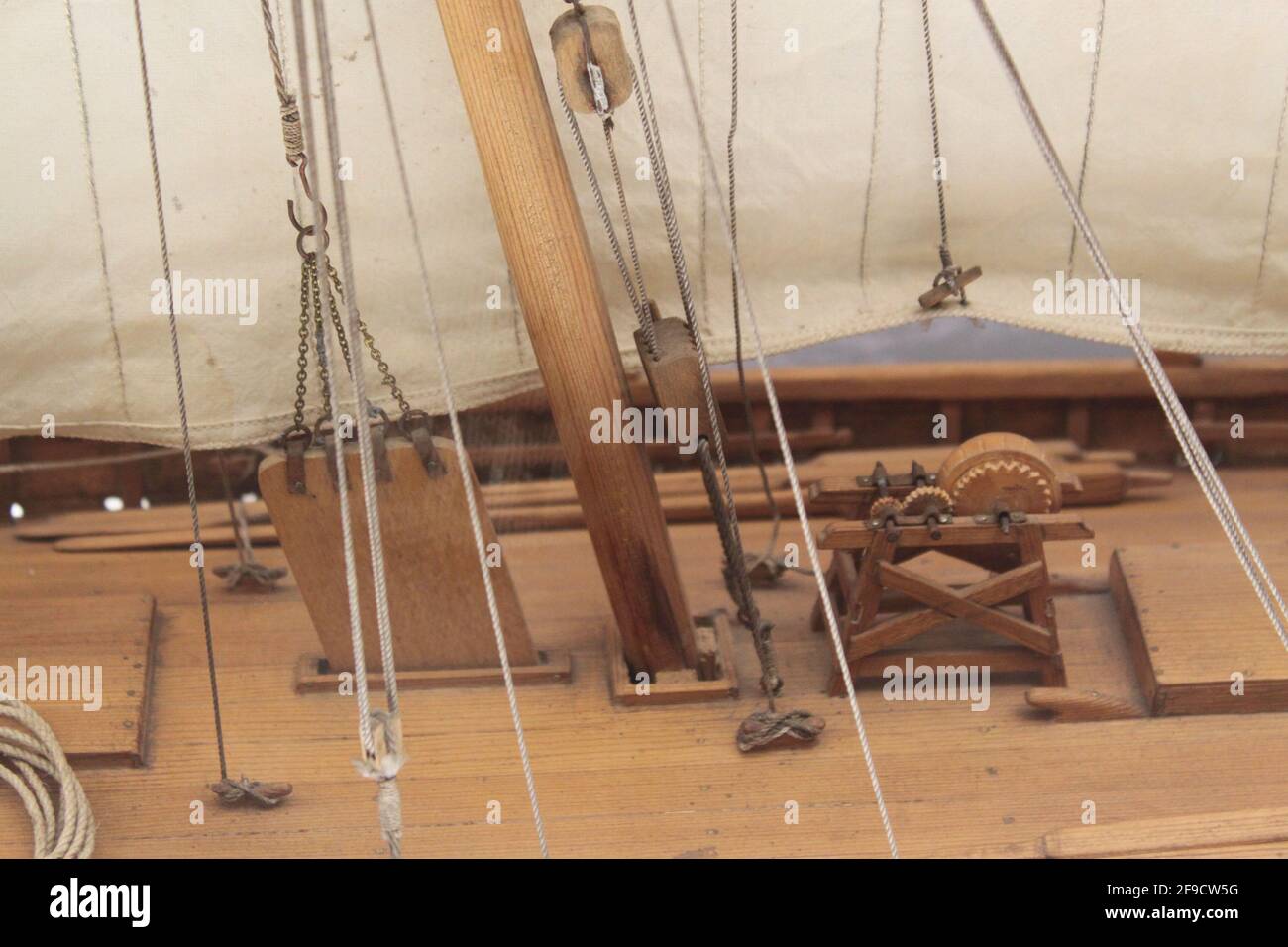 Wooden deck of a traditional boat seen from above Stock Photo