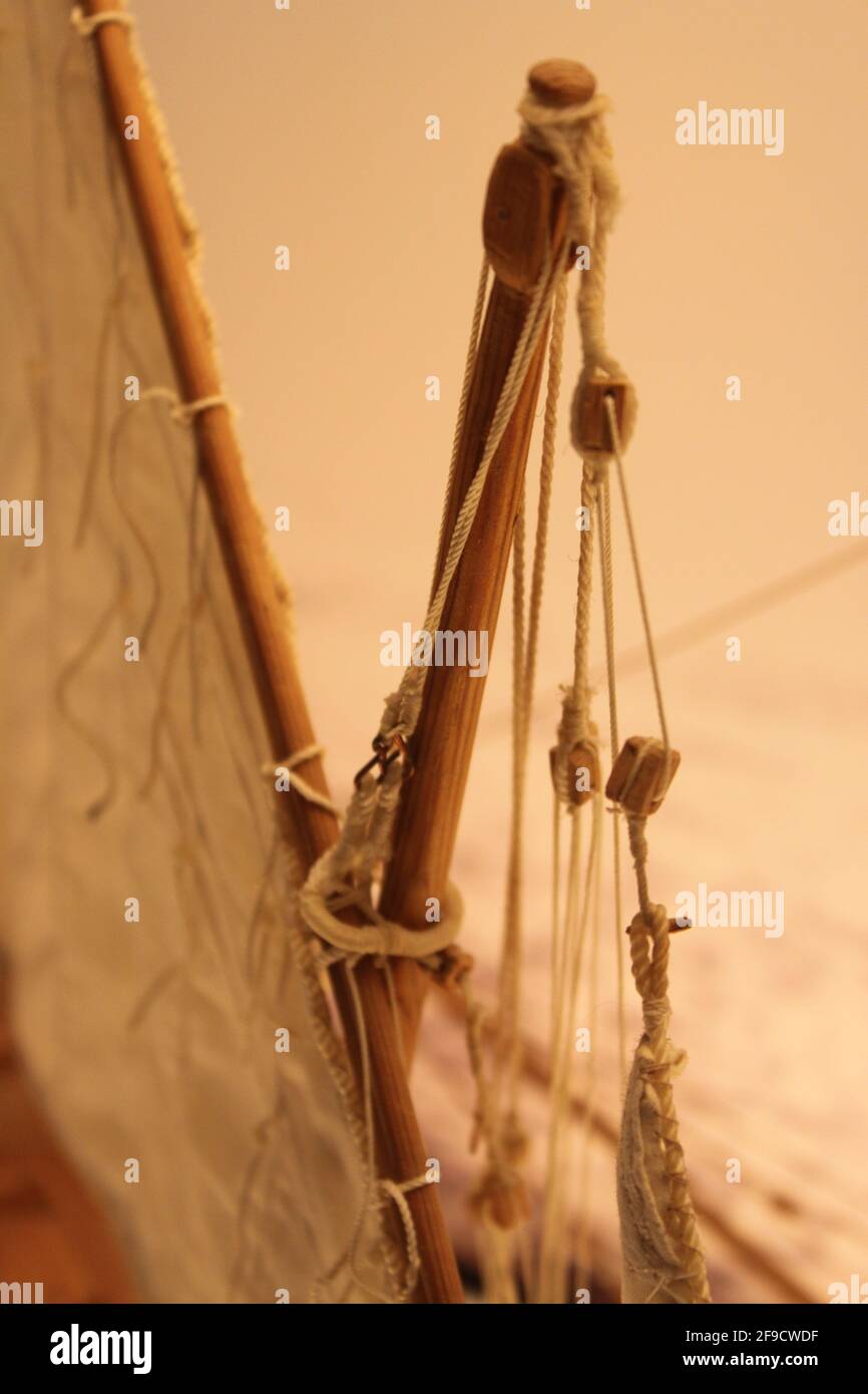 Rigging of an antenna of a traditional Mediterranean barque boat Stock Photo