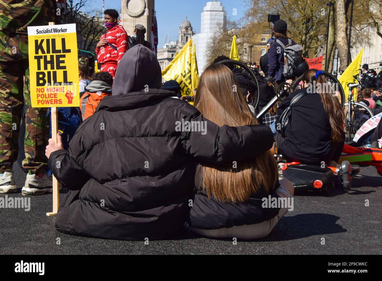London, United Kingdom. 17th April 2021. A young couple embrace during a moment of silence at the Kill The Bill protest. Crowds once again marched through Central London in protest of the Police, Crime, Sentencing and Courts Bill. Credit: Vuk Valcic/Alamy Live News Stock Photo