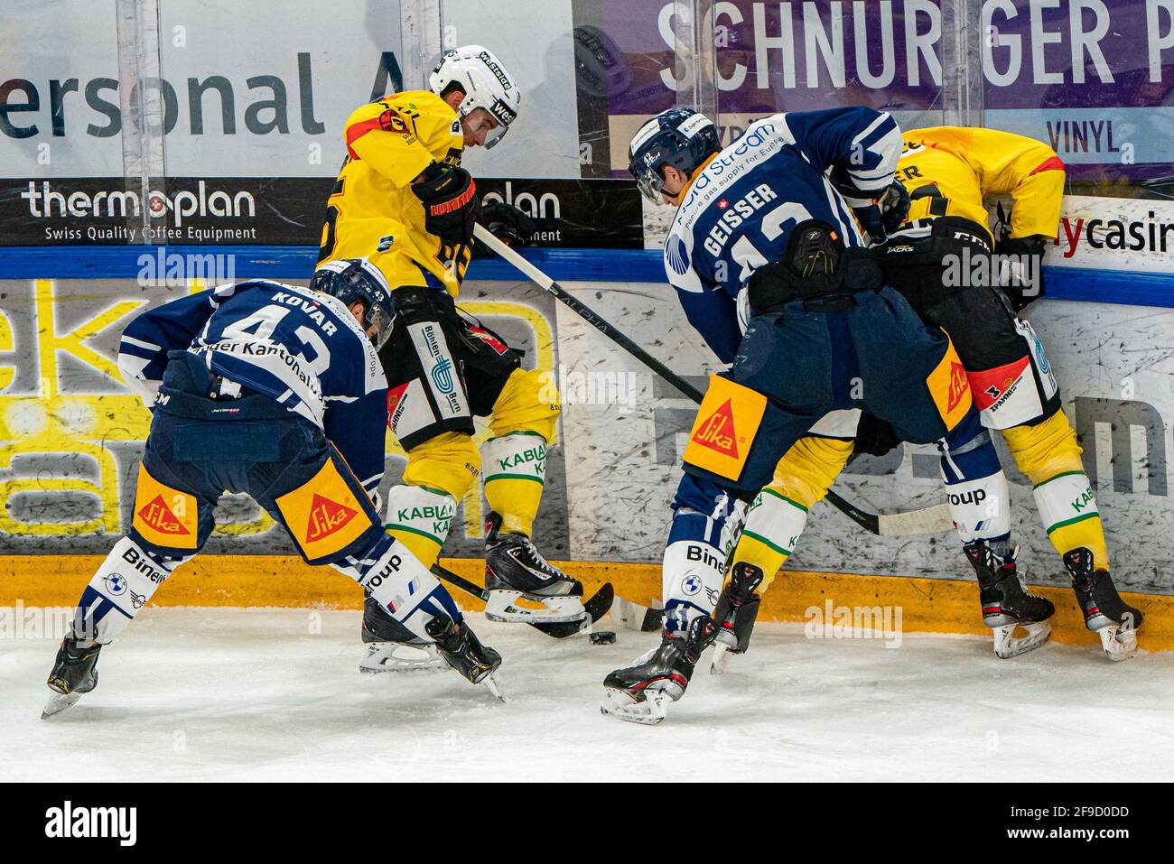 Gang fight during the National League Playoff quarter final ice hockey game 3 between EV Zug and SC Bern on April 17, 2021 in the Bossard Arena in Zug