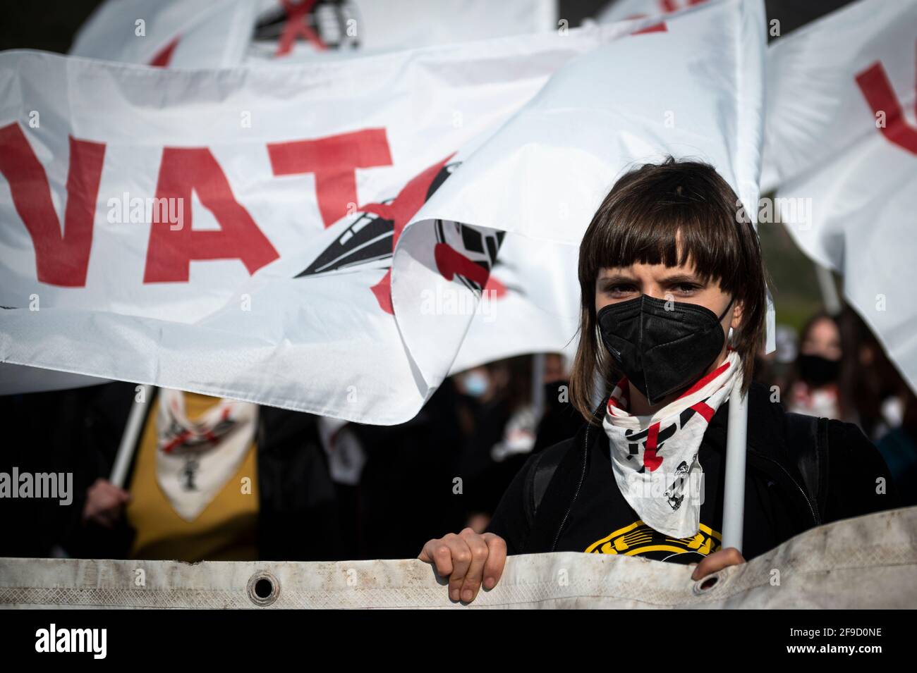 San Didero, Italy. 17 April 2021. A demonstrator looks on during a 'No TAV' (No to high-speed train) demonstration against Lyon-Turin high speed rail link. Credit: Nicolò Campo/Alamy Live News Stock Photo