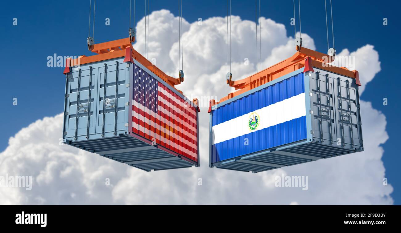 Freight containers with USA and El Salvador national flags. 3D