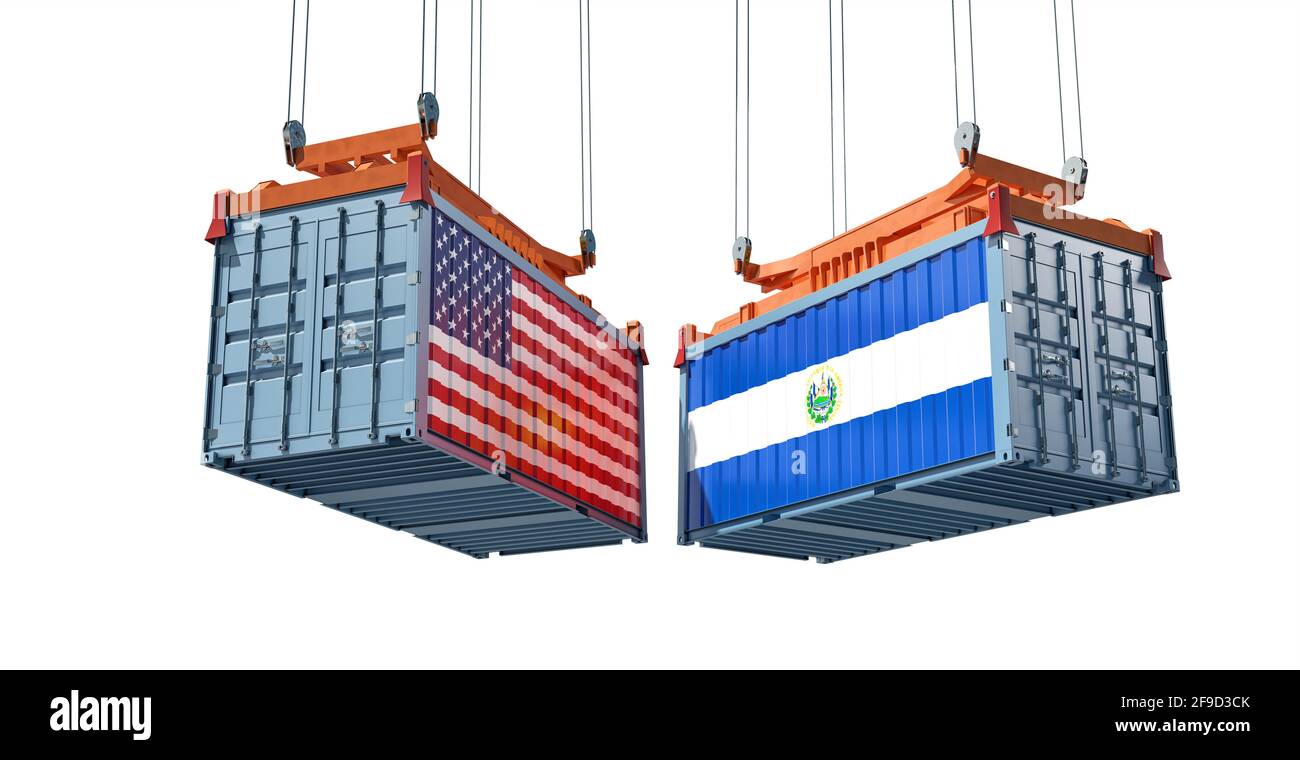Freight containers with USA and El Salvador national flags. 3D