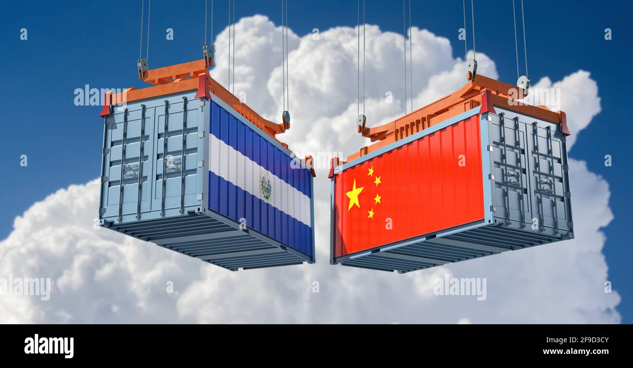 Freight containers with China and El Salvador national flags. 3D