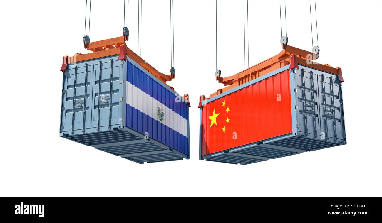 Freight containers with China and El Salvador national flags. 3D