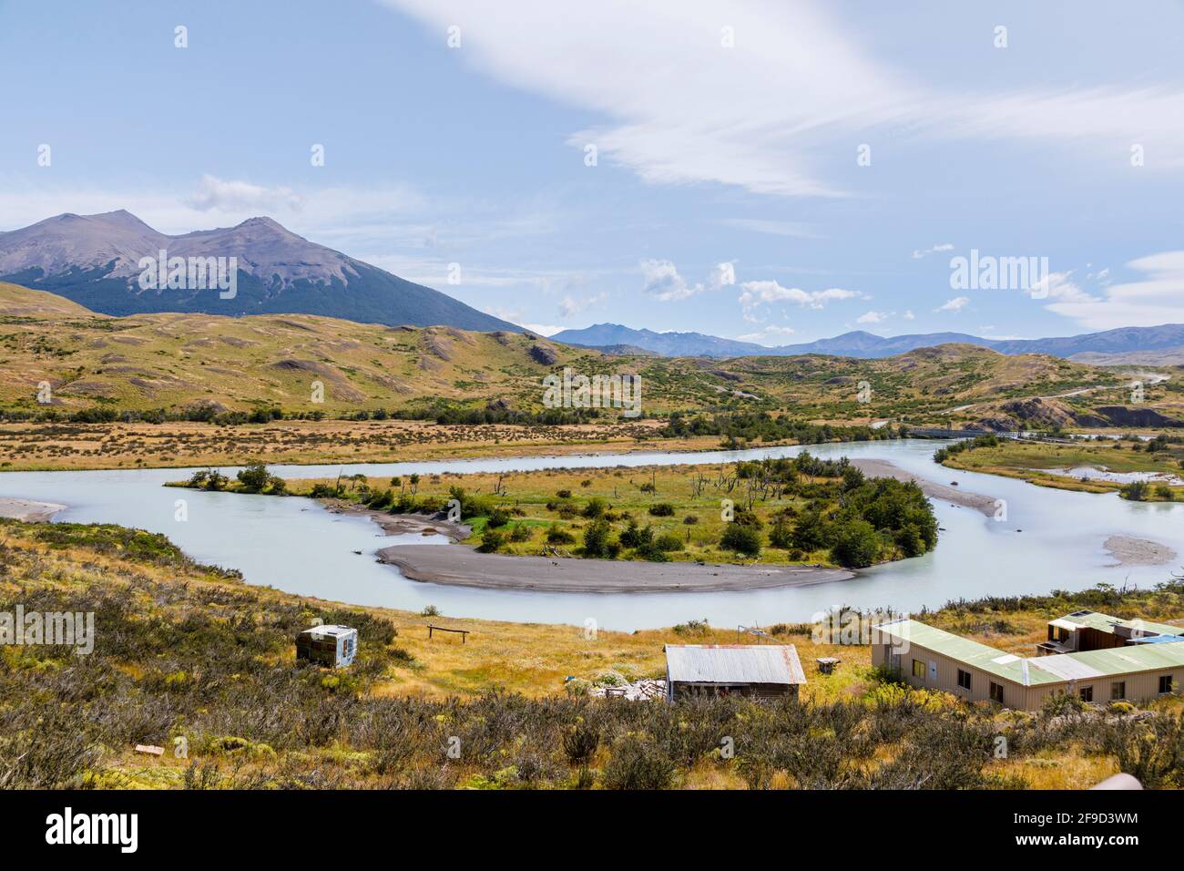 View of bend in river and landscape in the region of Laguna Amarga in Torres del Paine National Park, Patagonia, southern Chile Stock Photo