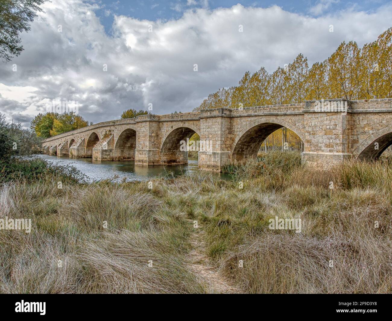 the medieval puente Itero over the river Pisuerga on the way to Santiago de Compostela, Itero de la Vega, Spain, October 21, 2009 Stock Photo