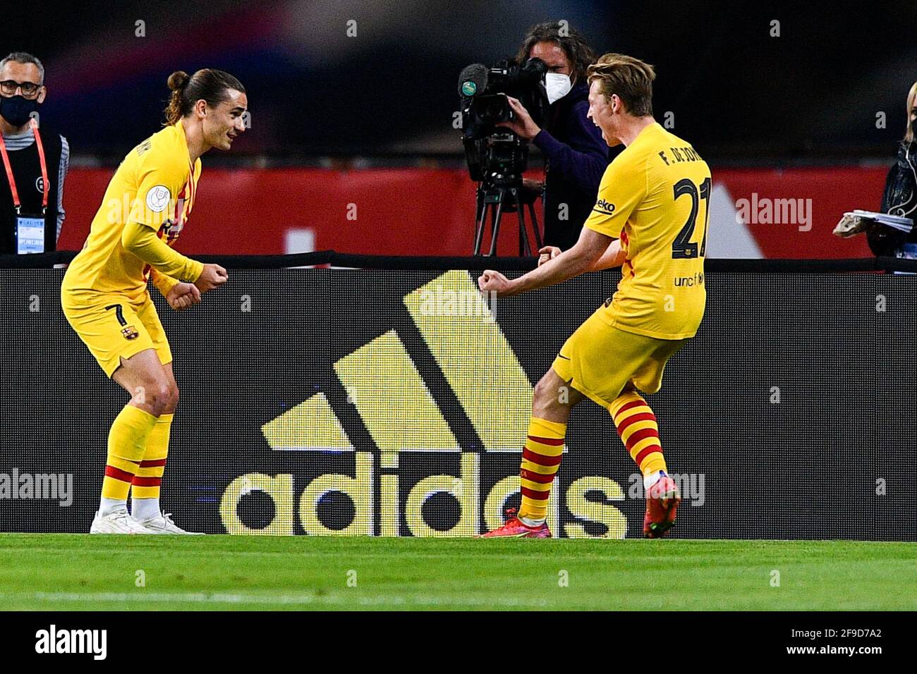 Seville, Spain. 17th Apr, 2021. SEVILLE, SPAIN - APRIL 17: Antoine Griezmann  of FC Barcelona celebrating his goal with Frenkie de Jong of FC Barcelona  during the Copa del Rey Final match