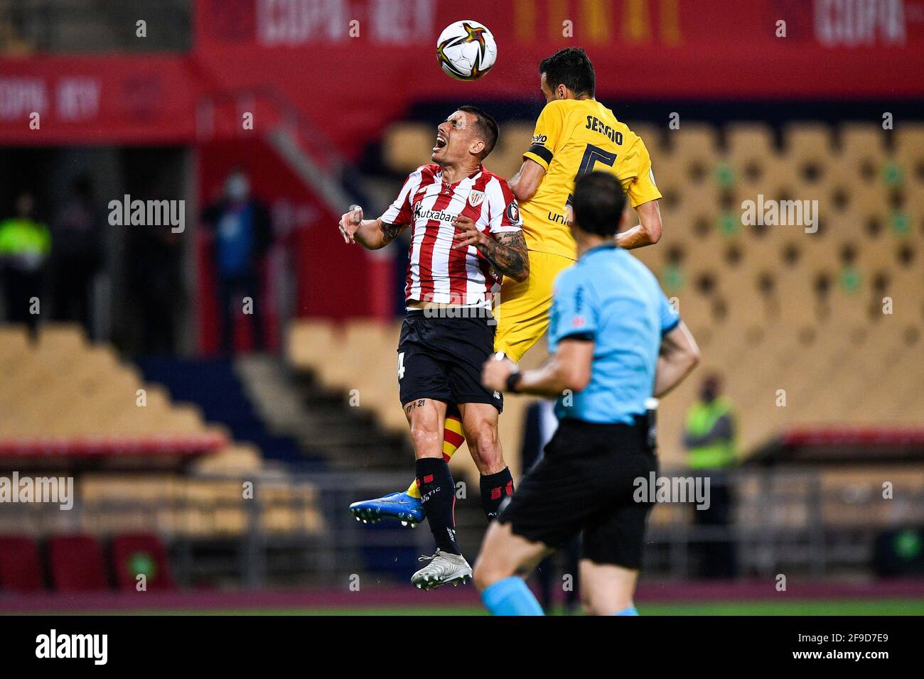SEVILLE, SPAIN - APRIL 17: Dani Garcia of Athletic Bilbao and Sergio Busquets of FC Barcelona during the Copa del Rey Final match between Athletic Clu Stock Photo