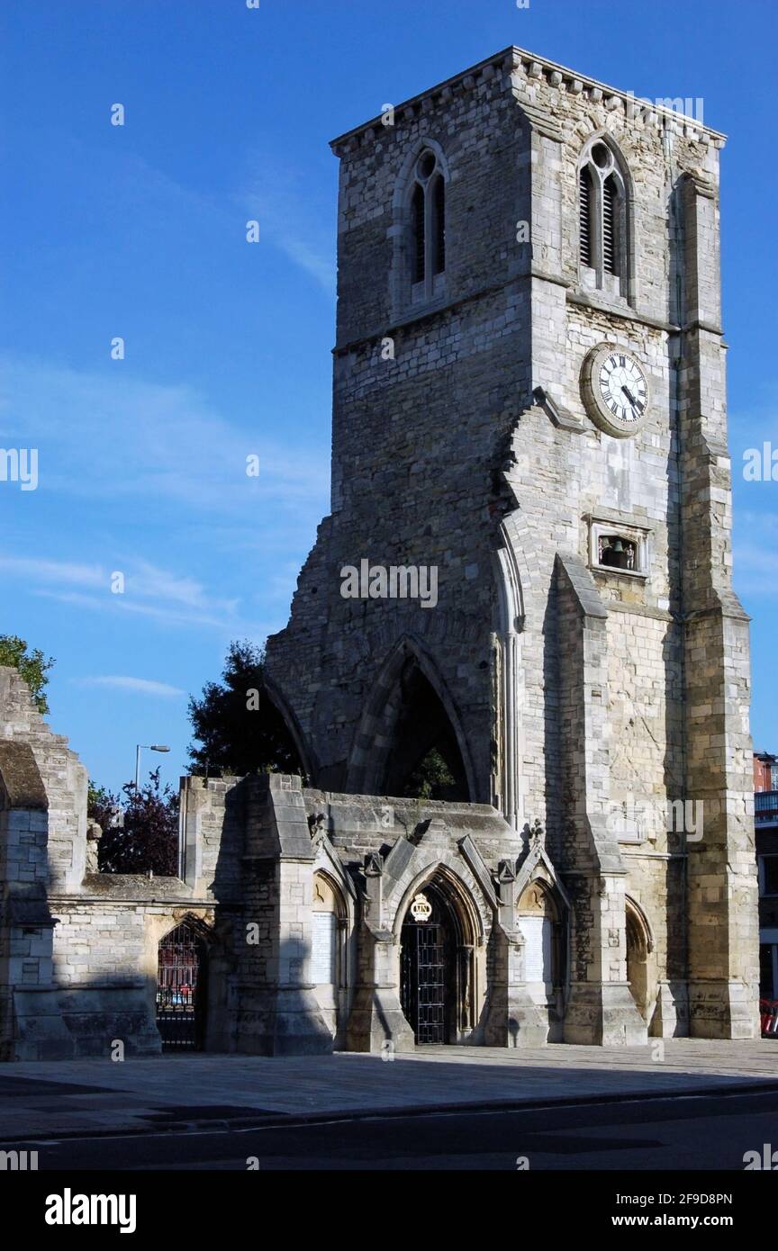 The ruined Holyrood Church in Southampton City Centre, Hampshire. Originally built in 1320, the church was damaged by German bombs in November 1940. K Stock Photo