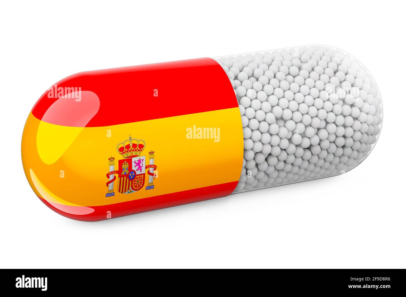 Pill capsule with Spanish flag. Healthcare in Spain concept. 3D