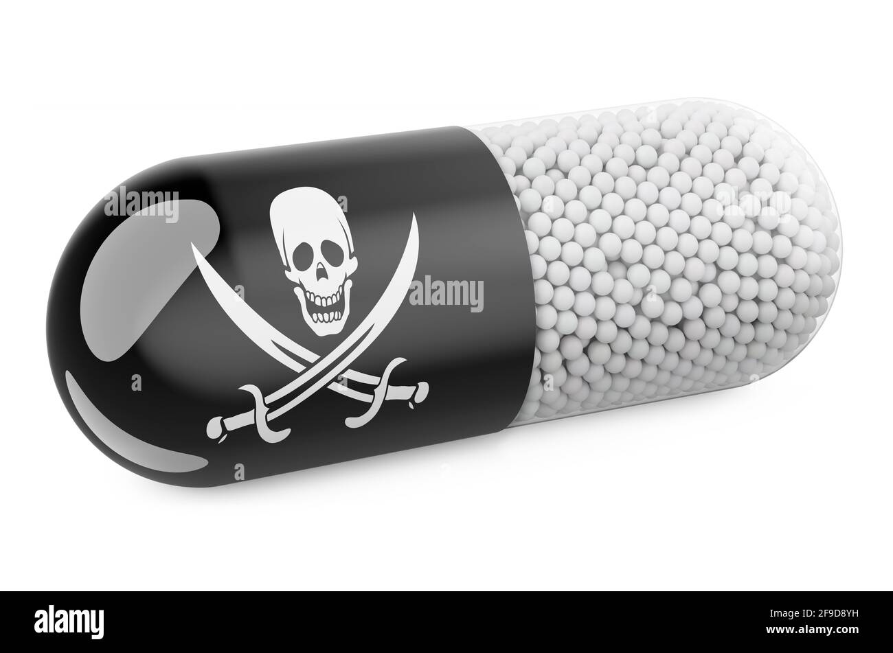 Pill capsule with piracy flag. 3D rendering isolated on white ...