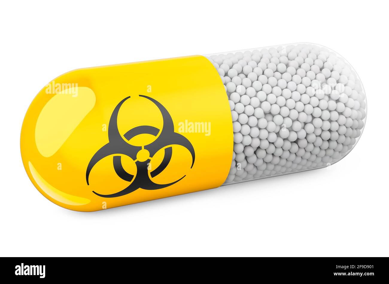 Pill capsule with biohazard symbol. 3D rendering isolated on white background Stock Photo