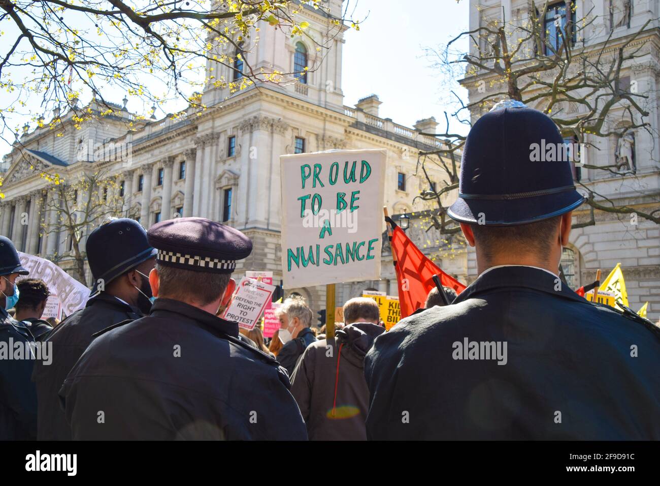 A demonstrator holds a placard that says Proud To Be A Nuisance during the Kill The Bill protest in Central London.Crowds once again marched in protest against the Police, Crime, Sentencing and Courts Bill. Stock Photo