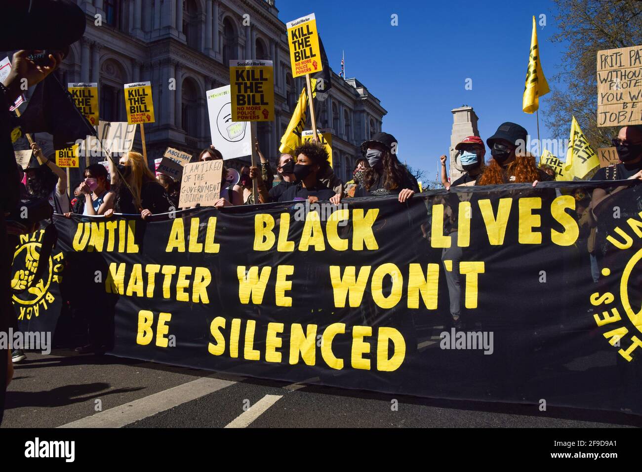 London, UK. 17th Apr, 2021. Protesters hold a Black Lives Matter banner and placards during the Kill The Bill demonstration.Crowds once again marched in protest against the Police, Crime, Sentencing and Courts Bill. (Photo by Vuk Valcic/SOPA Images/Sipa USA) Credit: Sipa USA/Alamy Live News Stock Photo
