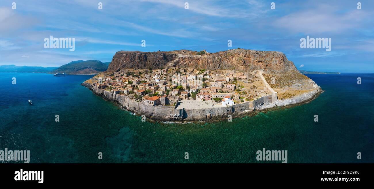 Aerial view of medieval town of Monemvasia located on small island in Lakonia of Peloponnese, Greece Stock Photo