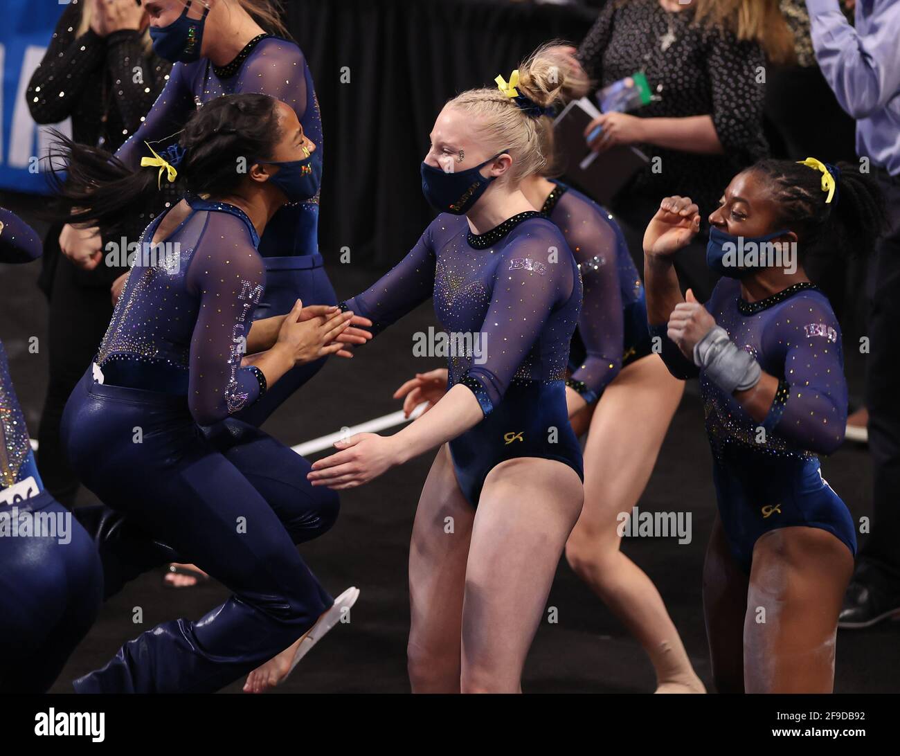 Fort Worth, TX, USA. 17th Apr, 2021. Michigan gymnasts celebrate as they're announced as the national champions during the Finals of the 2021 NCAA Women's National Collegiate Gymnastics Championship at Dickies Arena in Fort Worth, TX. Kyle Okita/CSM/Alamy Live News Stock Photo