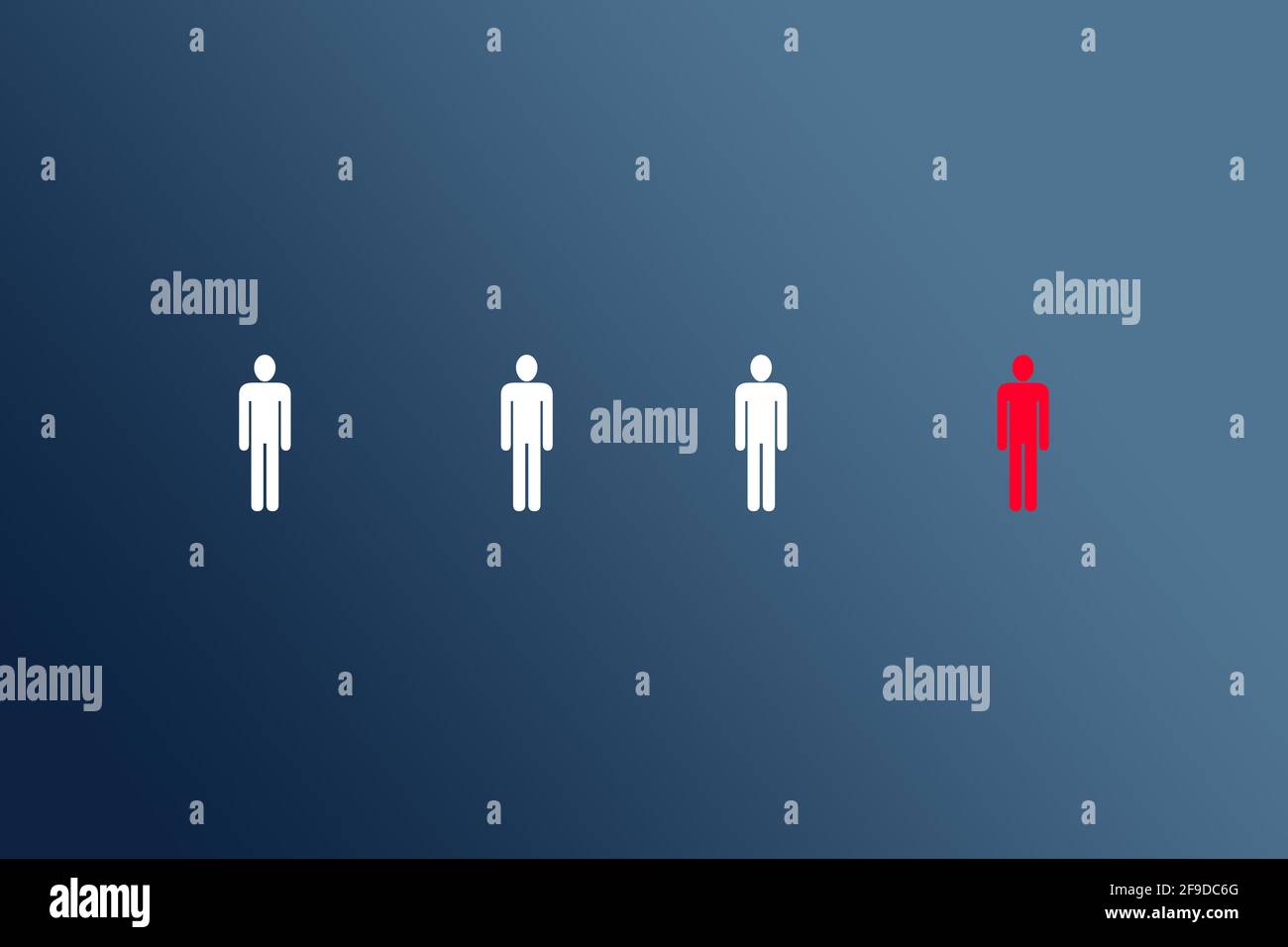 Flat illustration of three white human icons and one red on a blue background Stock Photo