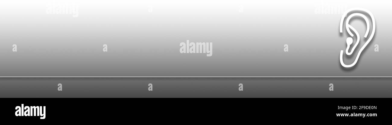 A gradient gray background with the white icon of an ear on the right ...