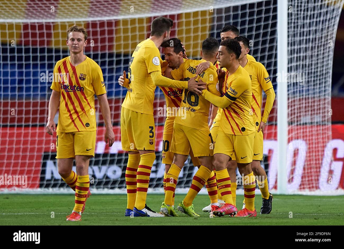 Seville, Spain. 17th Apr, 2021. Players of Barcelona celebrate for a goal during the 2020-21 season Spanish King's Cup final match between Athletic Bilbao and FC Barcelona in Seville, Spain, on April 17, 2021. Credit: Pablo Morano/Xinhua/Alamy Live News Stock Photo