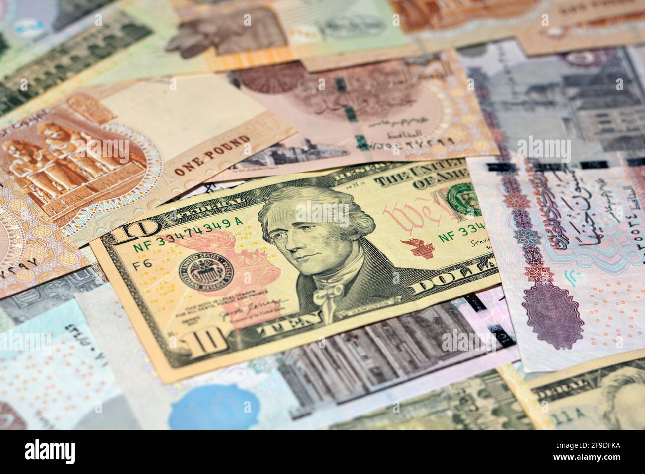 Egypt national currency with USA dollar banknote backdrop. Money