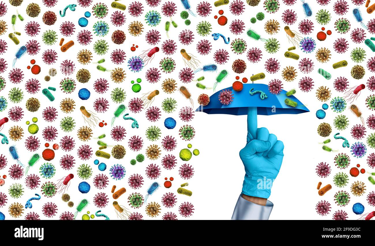 Medical cure concept and disease prevention as a doctor holding an umbrella representing protection from illness and contagious pathogen cells. Stock Photo