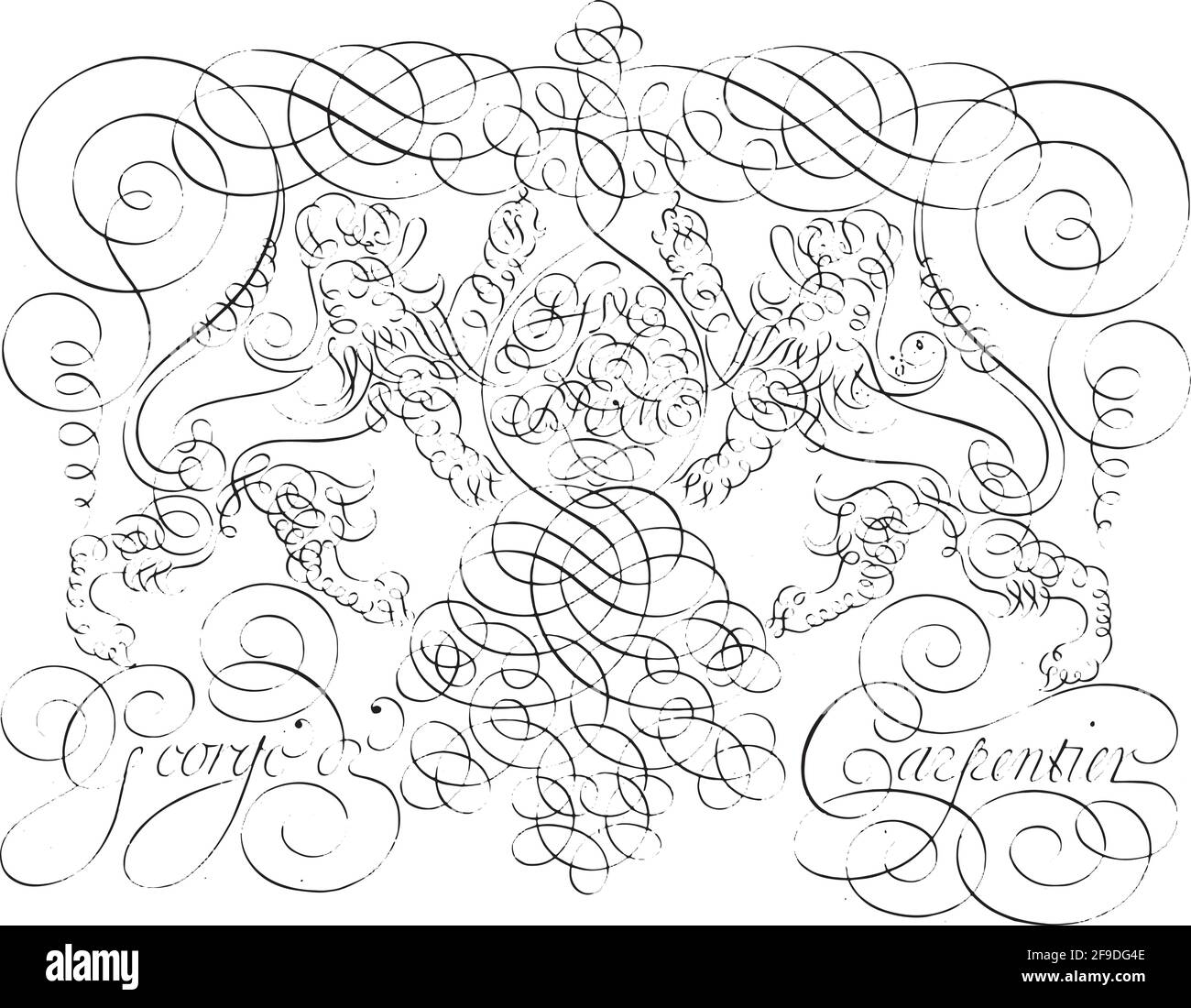An oval shield with the inscription Vive la plume, held by two lions. Stock Vector