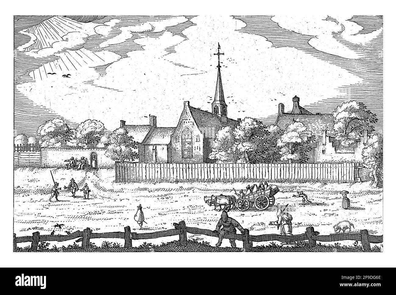 View of the Leper House in Haarlem, with some figures and a cart on a country road in the foreground. Behind a fence the leper house and the church. Stock Photo