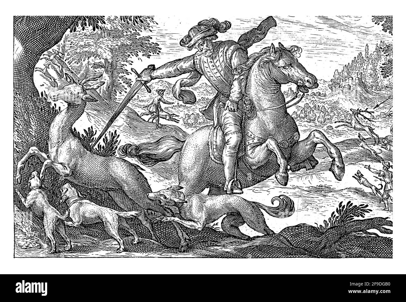 Hilly landscape with in the foreground a horseman with drawn sword and three dogs chasing a deer. In the background various hunters and riders on deer Stock Photo