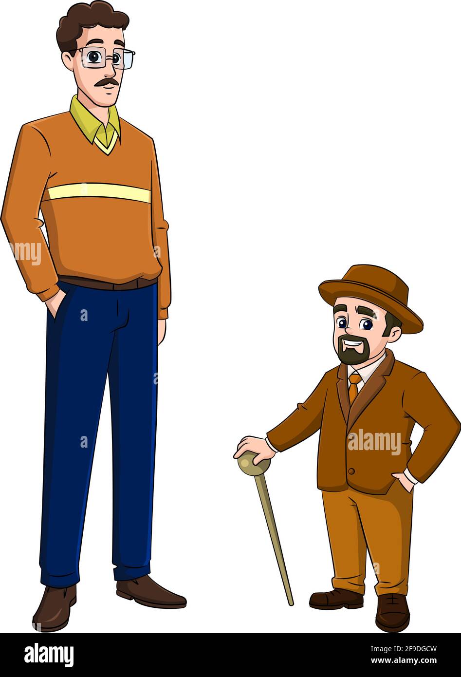 cartoon vector illustration of a tall man in glasses standing next to a  short man wearing a cap and holding a cane Stock Vector Image & Art - Alamy